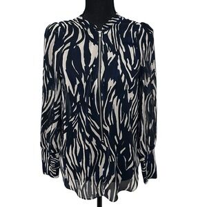 Mint Velvet Zebra Print Sheer Blouse With Zipper Black Cream Blue Women's Size 4